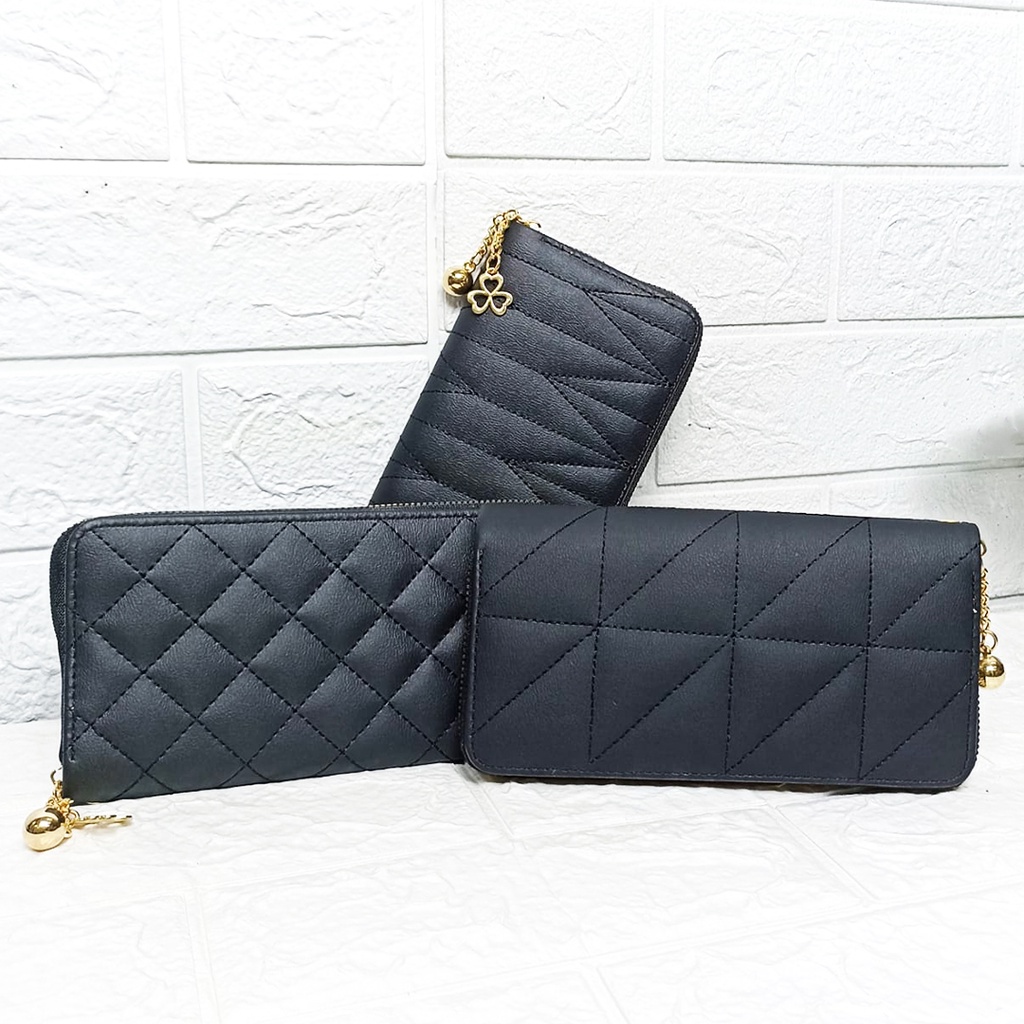 CYS Dompet Panjang Wanita Resleting Hitam Polos Kulit PU Timbul Fashion Simpel Kekinian D83