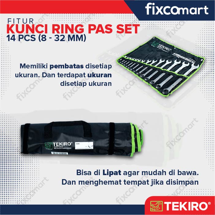 Tekiro Combination Wrench Set / Kunci Ring Pas Set 14 Pcs (8-32 Mm)