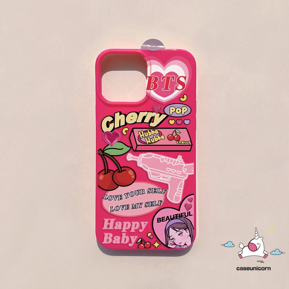 IPHONE Case Kompatibel Untuk Iphone14 11 13 12 Pro Max XR 78 Plus X XS Max SE 2020 Permen Glossy Shockproof Protection Camera Ros Red Kartun Label Cherry Lembut Tpu Silicon Back Cover