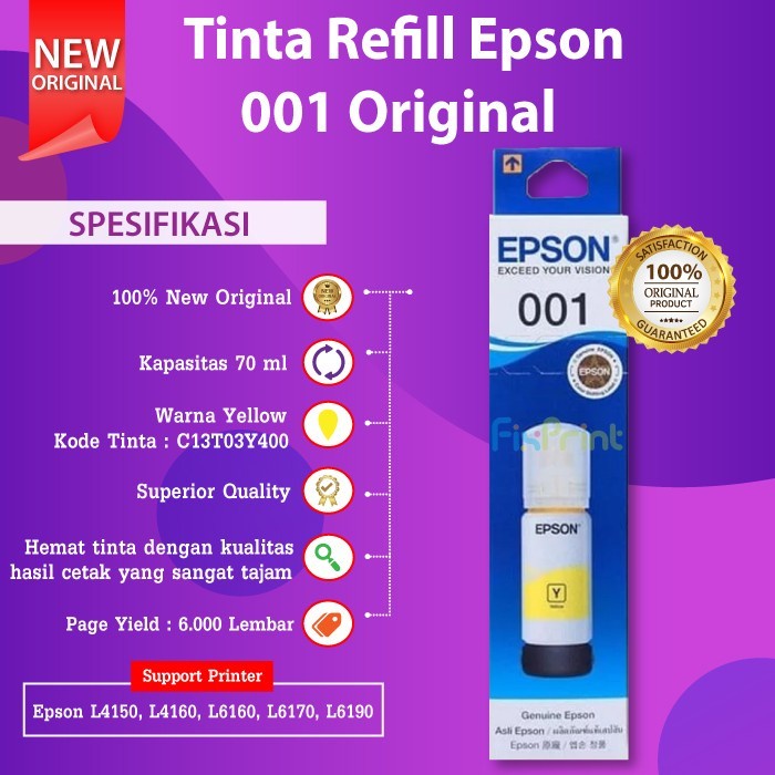 Tinta Refill Epson Original 001 70ml Black Cyan Magenta Yellow Tinta Refill Printer Epson L4150 L4160 L6160 L6170 L6190 L6290 L4266 L14150