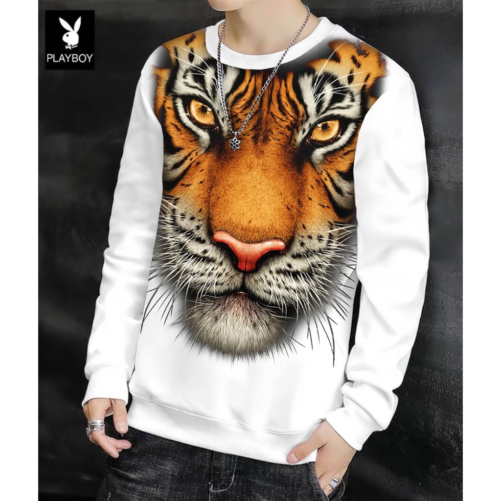 Sweater Pria Macan Hidung Putih Baju Sweater Lengan Panjang Pria Jumbo Sweater Harimau Sweter Cowok 