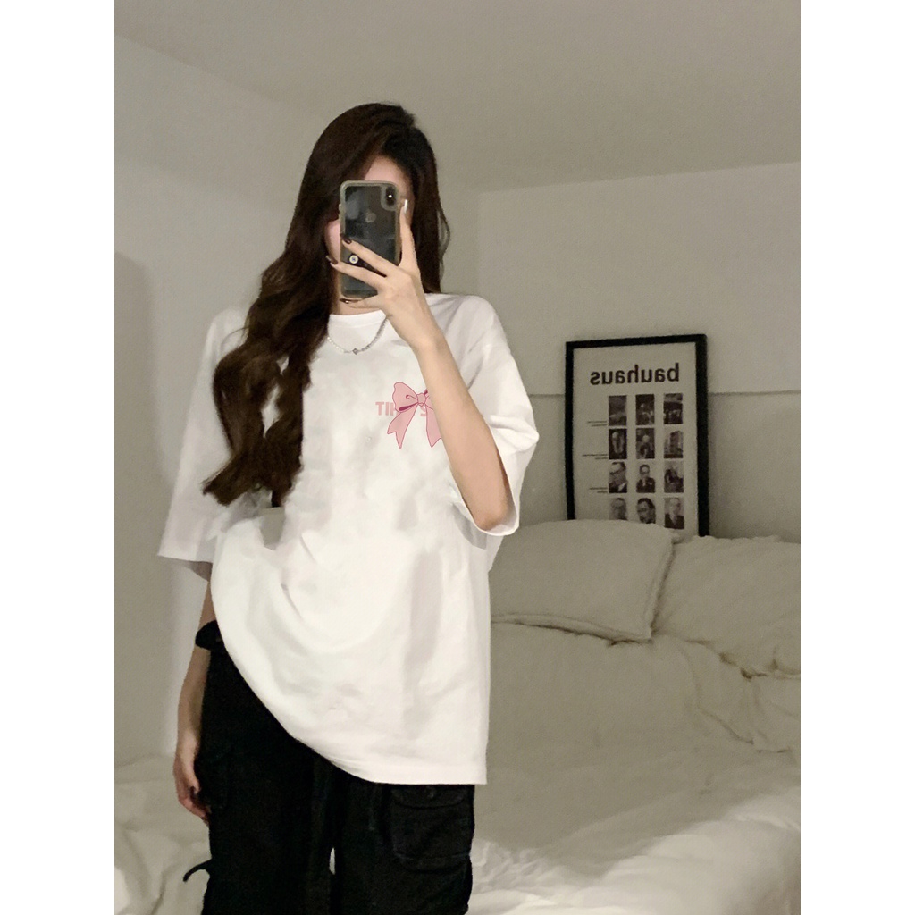 [100%  Katun]Kaos Pink Bow Oversize Kekinian Lengan Pendek Korean Style Printed T-shirt Baju Wanita Hitam
