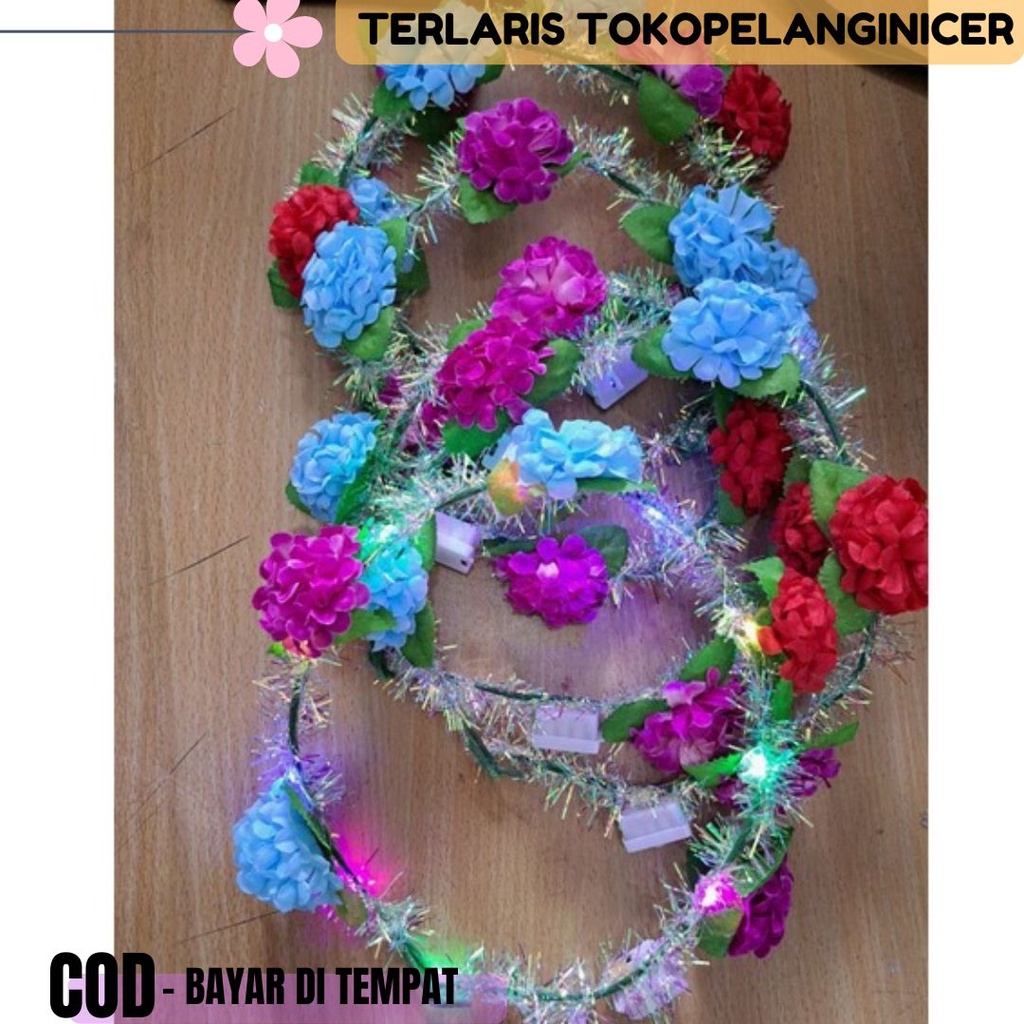 Bando FLOWER CROWN berlampu/ Mahkota Bunga Boho Warna Pelangi  untuk Pesta cantik Tokopelaniginicer