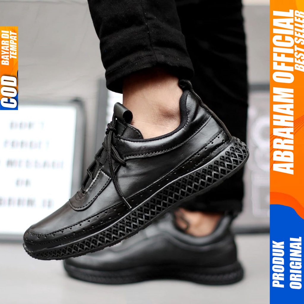 Sepatu Pantopel Kerja Formal Kulit Asli Full Hitam Casual Pria Abraham Blosom