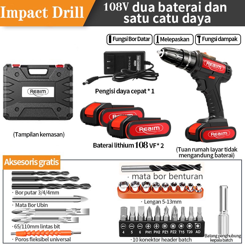 Reaim 108V 3 sistem Mesin Bor Baterai Tangan Cordless Drill Battery impact drill Cordless Electric Drill Impact Cordless Electric Drill
