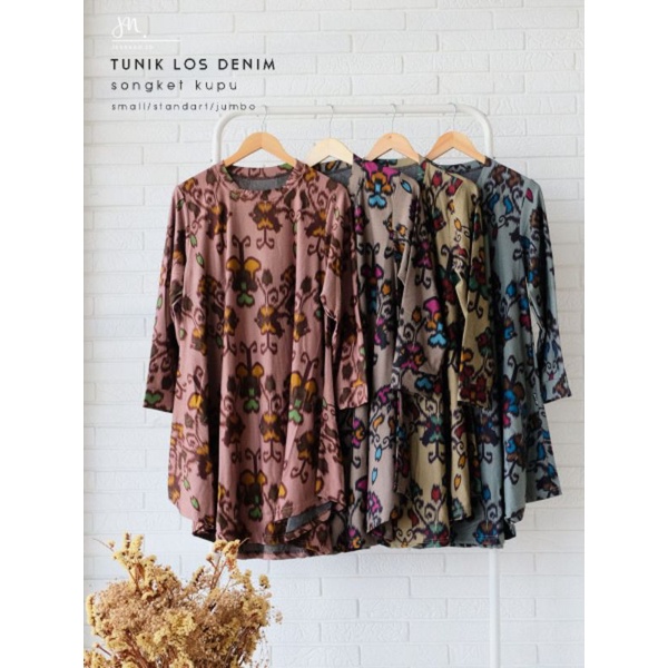 Tunik Los motif songket Kupu dan bunga teratai merek Jessnad bahan denim calvin jeans fashion muslim