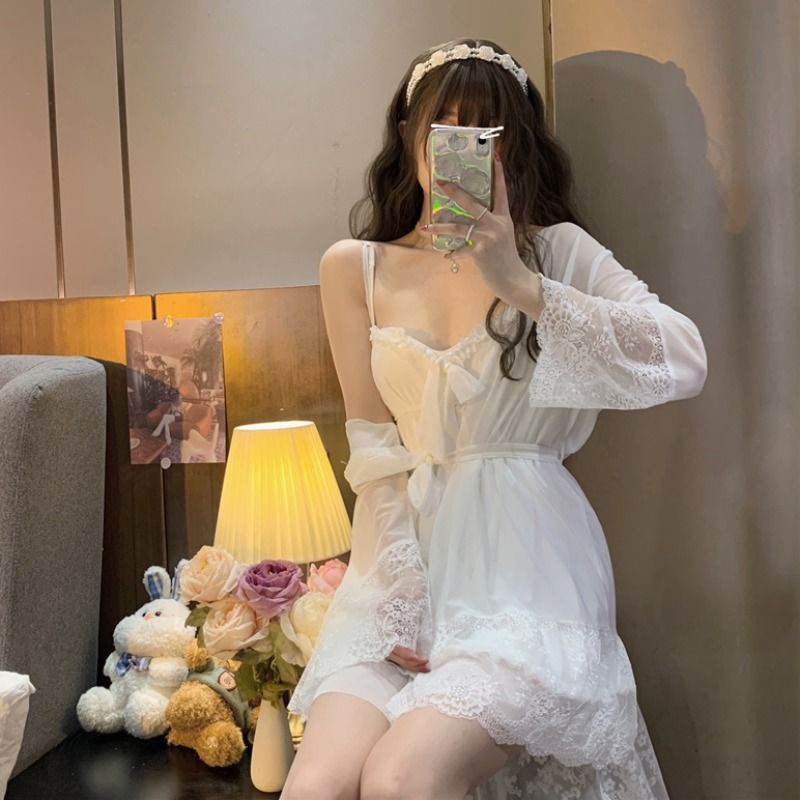 Busur dasi halter piyama piyama musim panas wanita musim panas loungewear gadis rasa manis manis dua