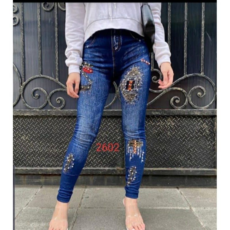 LEGGING JEANS MOTE IMPORT / LEGING DENIM MUTIARA / LEJING JEANS WANITA MOTIF BIBIR