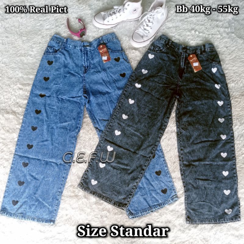 Celana Kulot Jeans Love High Waist Model Korea Atau Korean Style Pinggang Kancing Bagian Belakang Karet All Size Fit L Standar Dari Bb 40kg sampai Bb 60kg / Kulot Levis Panjang Wanita Motif Print Logo Hati Ada Warna Hitam Snow  Dan Warna Biru Snow