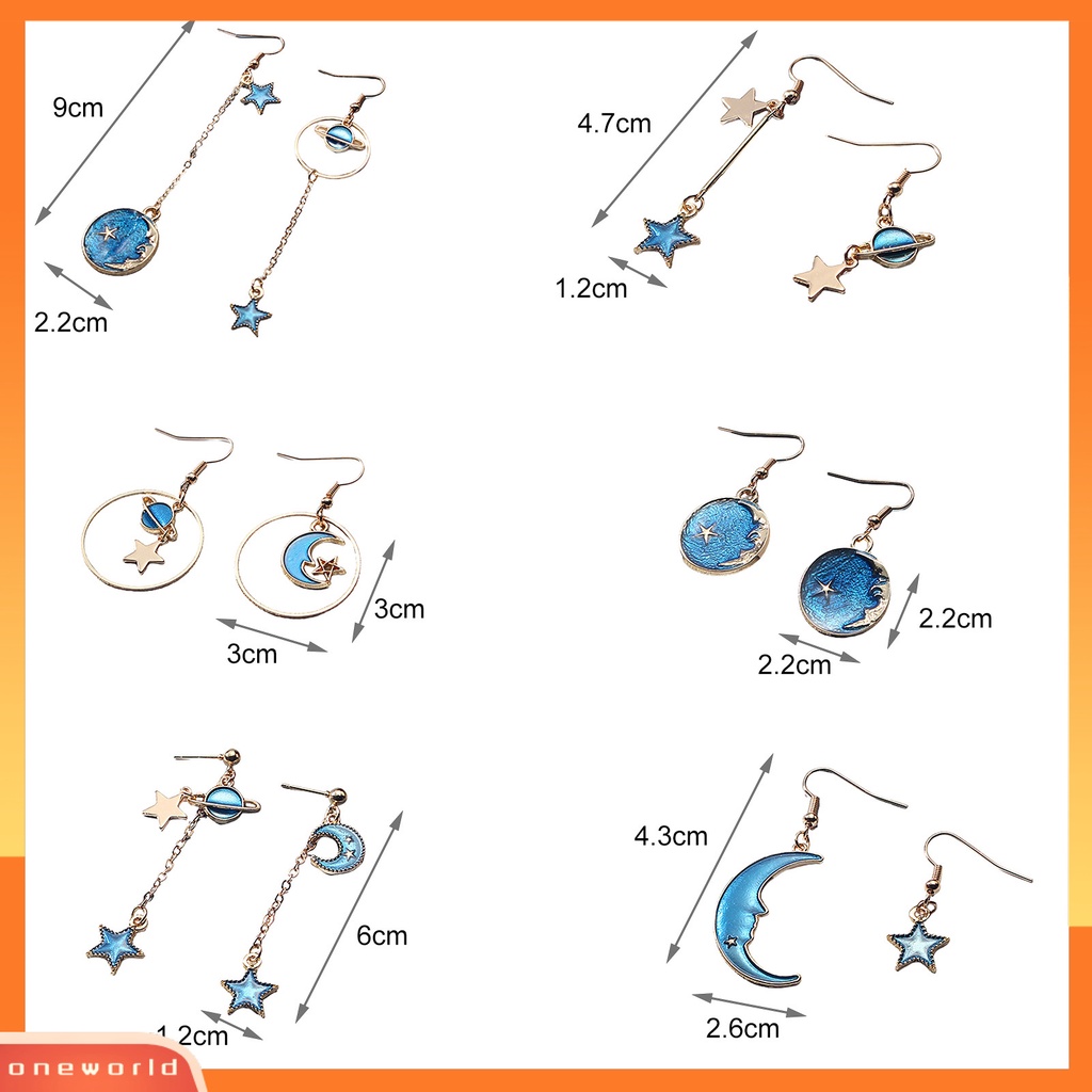 [ONE] 1pasang Wanita Drop Earrings Kartun Bulan Bintang Asimetris Perhiasan Planet Liontin Semua Pertandingan Anting Kait Untuk Pakaian Sehari-Hari