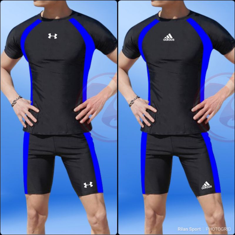 Setelan renang murah baju celana hitam LIS BIRU baselayer short sleeve short pants swimming suite black lis blue atasan bawahan olahraga pria pakaian olahraga murah kaos celana renang pria