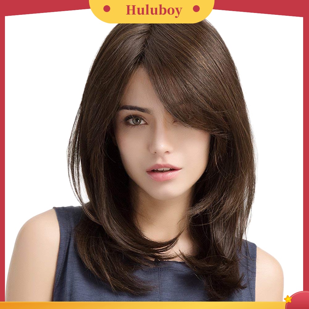 Wig Rambut Panjang Lurus Natural Dengan Poni Samping Untuk Wanita
