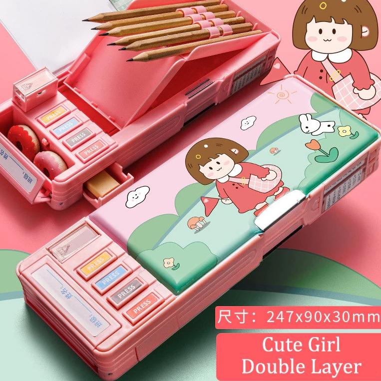 

[T-1R ♥] Kotak Pensil Pola Kartun Lapisan Ganda Tunggal dengan Rautan Kapasitas-trending