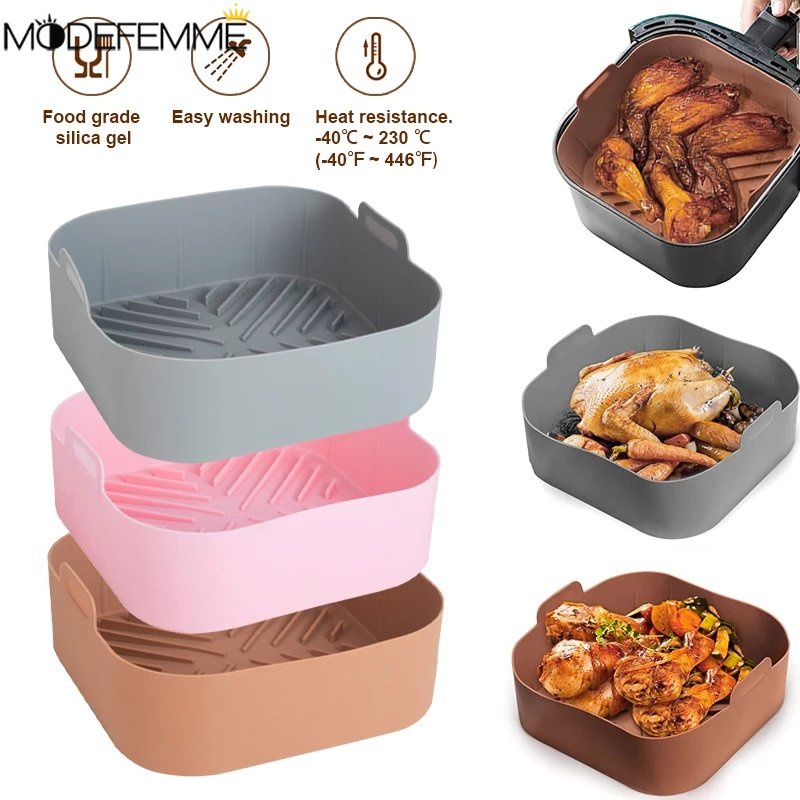 No-sticky Baking Tray with Handle Tahan Panas Panci Panggang Buah Sayur Keranjang Cuci Square Air Fryer Silicone Liner Aksesoris Dapur Praktis