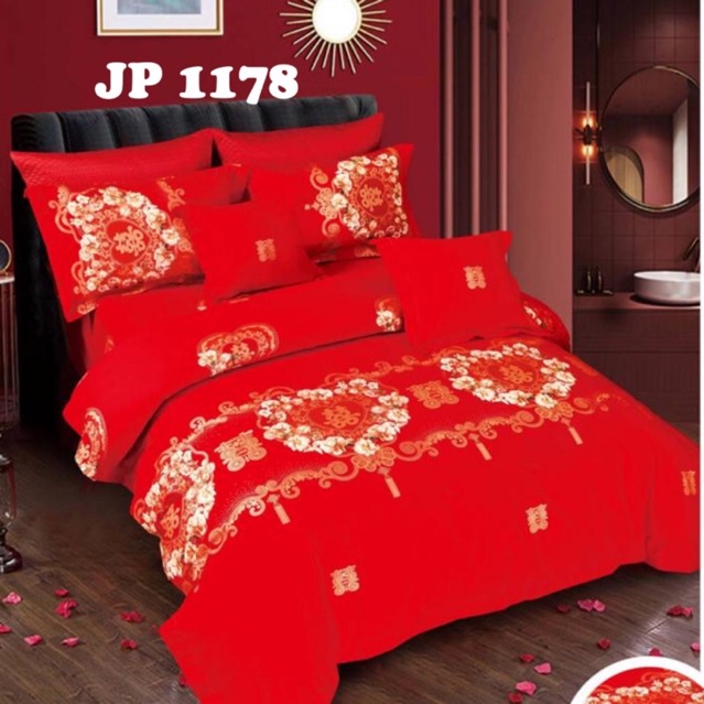BIOSIBEDDING Sprei Katun Jepang Motif Love Merah Wedding Gold Kuning Custom Rumbai Rempel Tempahan M