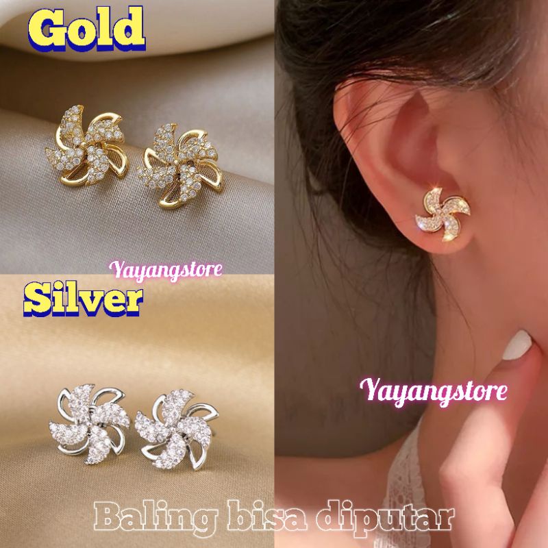 Anting Wanita Pesta model Tusuk Baling Baling Permata - Anting Korea Pesta Emas Silver Cantik Mewah