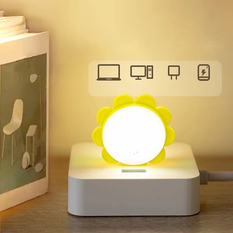 Lucu Mini Kartun Bentuk Bunga Matahari Lampu Malam Lampu Samping Tempat Tidur USB Ponsel Power Charge Night Light Portable Untuk Kamar Tidur Ruang Tamu Pencahayaan Lembut Perlindungan Mata LED Kreatif