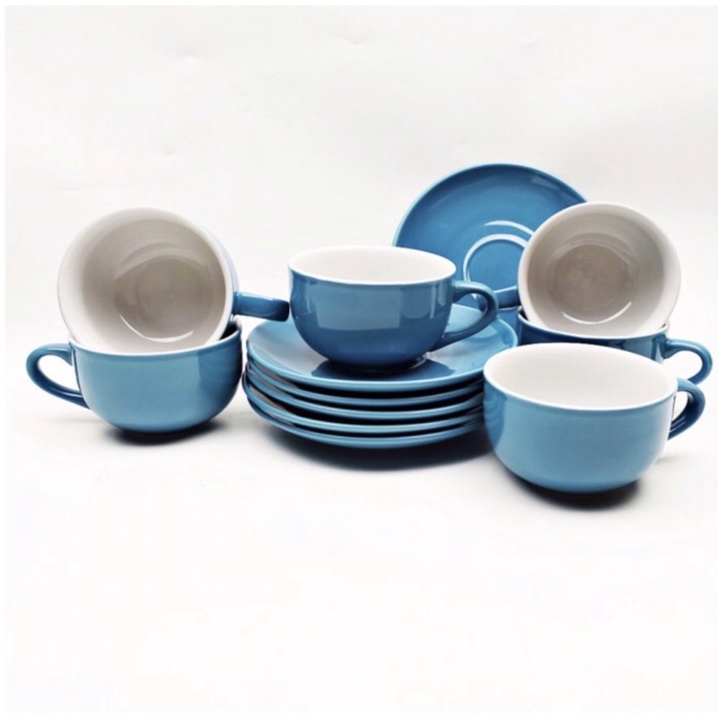 Cangkir Keramik Kopi Latte Teh Motif PKC Biru Muda - 1 lusin