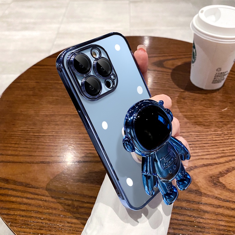 IPHONE Nasa Astronot Lipat Stand Holder Pelindung Lensa Cover Case Untuk Iphone11 12 13 14 Pro MAX Mini XS MAX XR X7 8 Plus SE2 2020 Mewah Plating Shockproof Matte Clear Cover