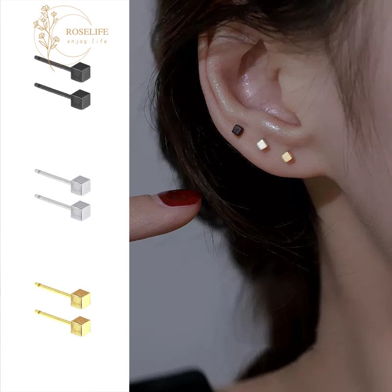 Roselife S925 Perak Hitam Emas 3D Kecil Kubus Stud Anting Untuk Wanita Perempuan Hypoallergenic Geometris Earring Fashion Perhiasan Telinga 1pasang
