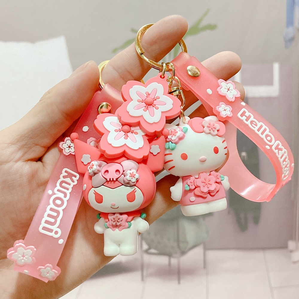 Sanrios Gantungan Kunci Boneka Kartun Hello Kitty Kuromi Cinnamoroll Cherry Blossom