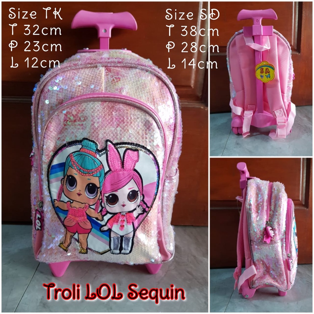 Tas Sekolah Troli Anak TK dan SD Motif Sequin Oval gambar LOL dan Mermaid Tas Koper Dorong Anak Perempuan Import