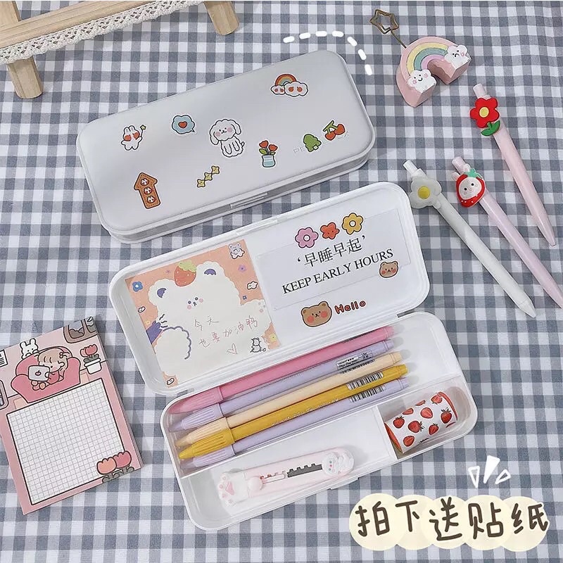READY STOCK COD - STIKER GRATIS TEMPAT PENSIL POLOS WARNA PASTEL KOTAK ALAT TULIS AESTHETIC DEKORASI KARAKTER KARTUN ANAK PEREMPUAN LUCU KAWAII BUJO JURNAL GAYA REMAJA SEKOLAH CEWEK KOREA BAHAN PLASTIK MINIMALIS FANCY MURAH VIRAL CANTIK PUTIH SEKAT KLIK