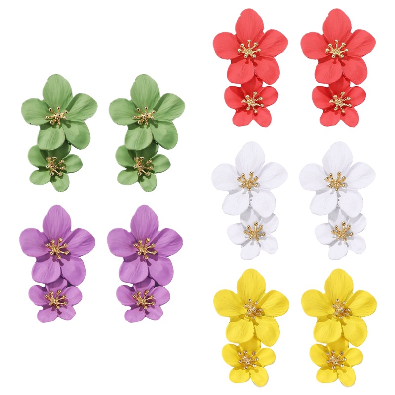 Fancyqube Anting Bunga Merah Untuk Wanita Lapisan Ganda Statement Gantung Pendientes Menjuntai Perhiasan Fashion Anting Kuning