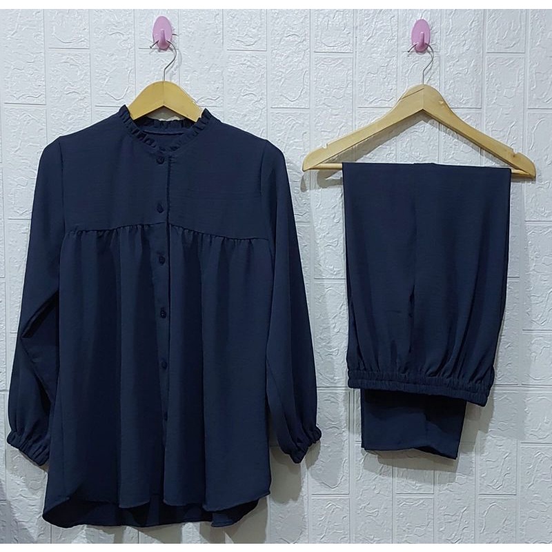 ONE SET RAYON CRINKLE AIRFLOW SETELAN // SETELAN RAYON CRINKLE AIRFLOW// DRESS RAYON // SETELAN RAYON  //BUSUI FRIENDLY//PIYAMA//PREMIUM//HOMEY//BUSUI-Navy