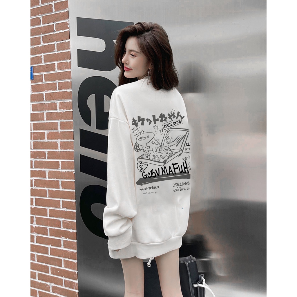 EUNII Sweater Lengan Panjang Cartoon Pizza Cat Korean Style/Hoodie Oversize/Baju Wanita/Switer Wanita