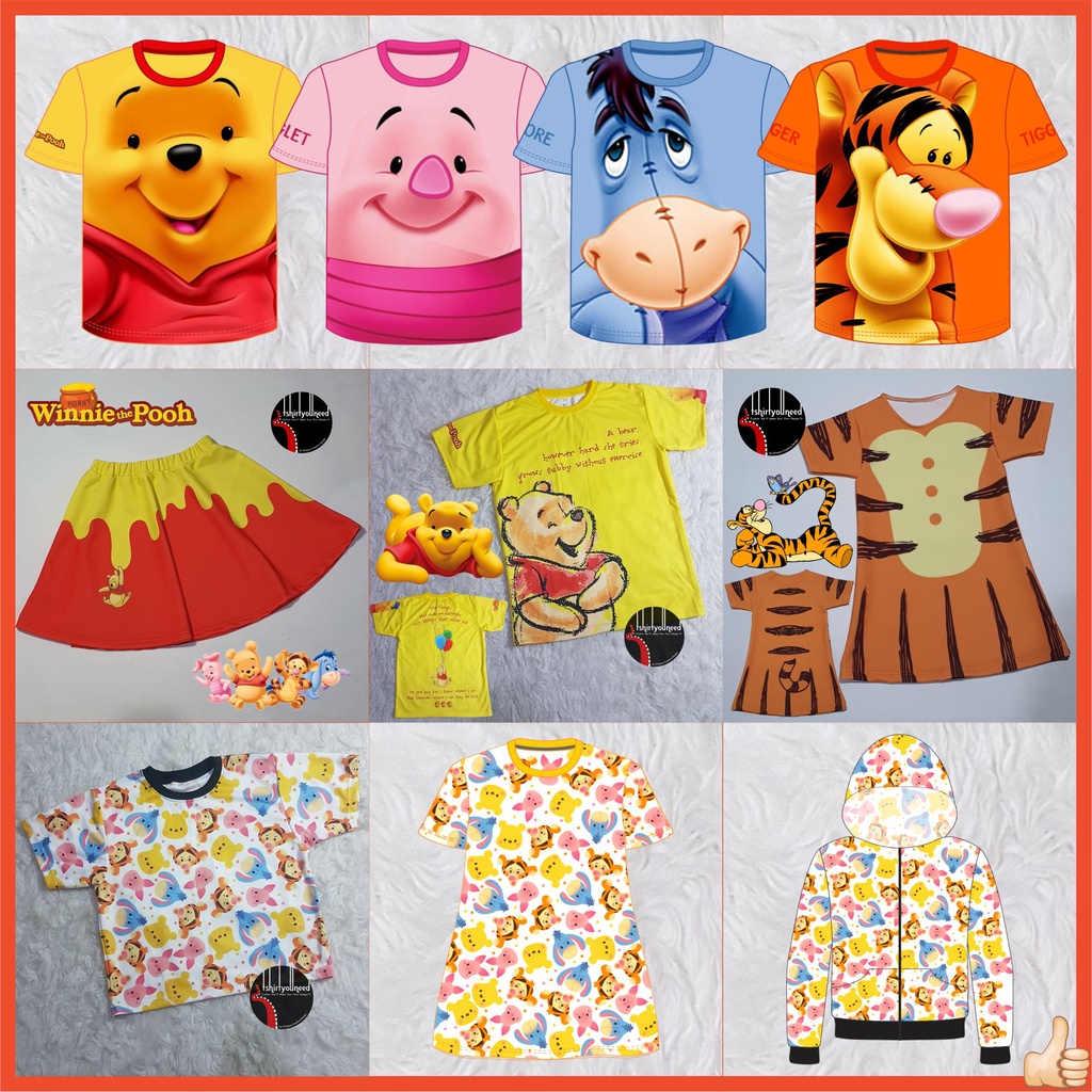 Baju FULLPRINT Kaos Dress Kostum Anak Dewasa Winnie The Pooh Tigger Piglet Eeyore
