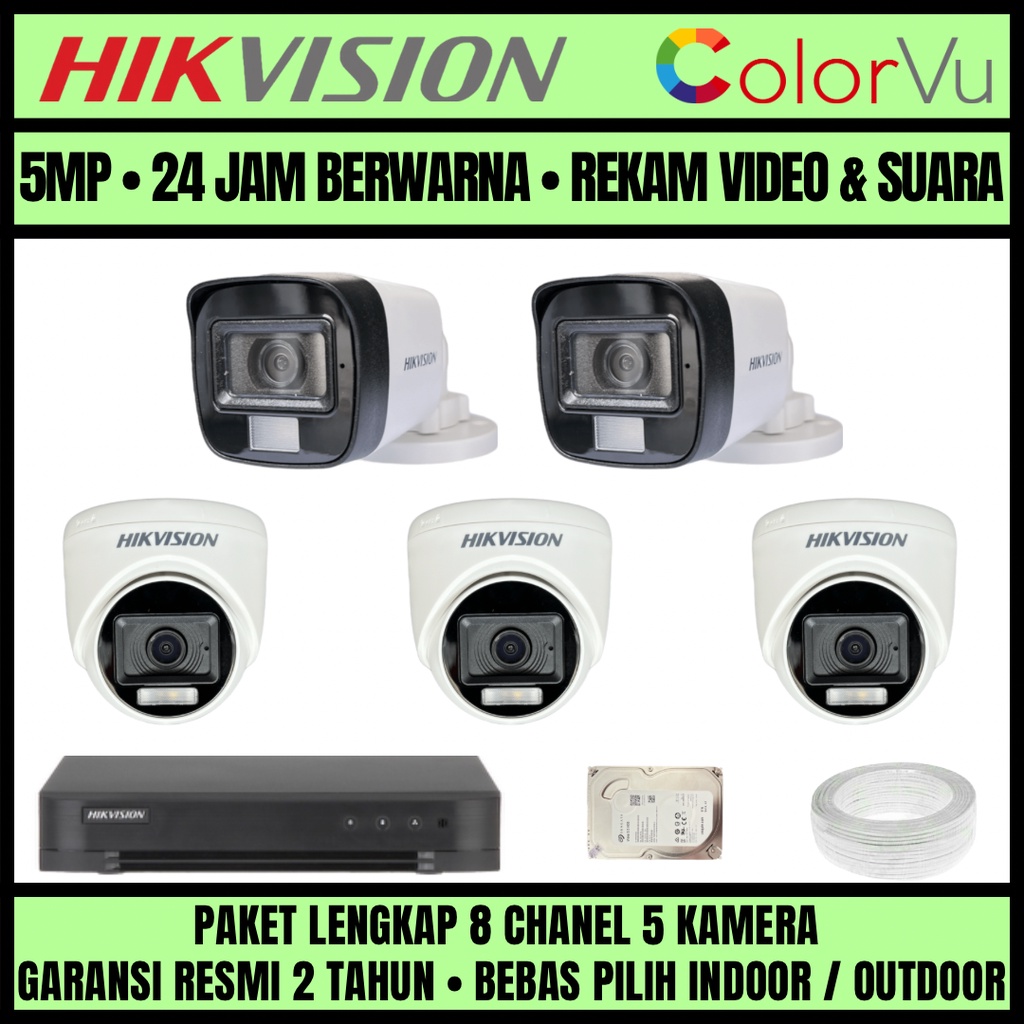 PAKET CCTV HIKVISION COLORVU 3K 5MP 8 CHANNEL 5 CAMERA KAMERA CCTV COLORFUL