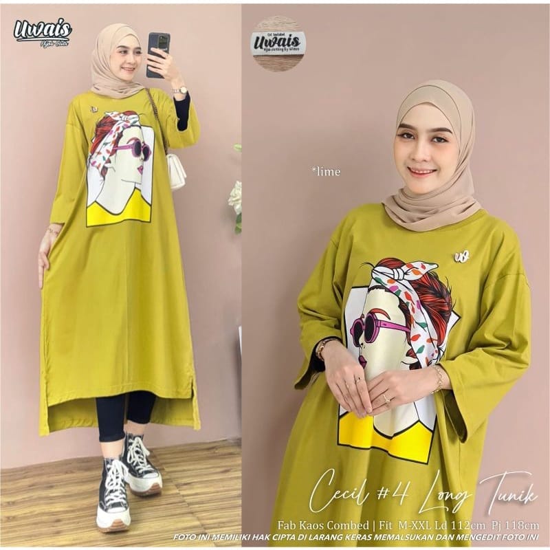 Long tunik jumbo Cecil long tunik #4 Bahan kaos katun combed 24s Aplikasi sablon size s-xxl ld 90 -120 cm Pakaian long tunik wanita model terbaru 2023 Baju kaos oversize wanita Dress wanita korean style Gamis warna milo , fuchia , lime