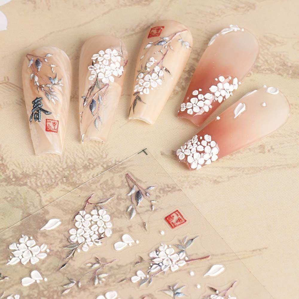 NEEDWAY Stiker Kuku Cina Wanita Jepang Self-adhesive Manicure Aksesoris Magnolia Bunga Putih Nail Art Dekorasi