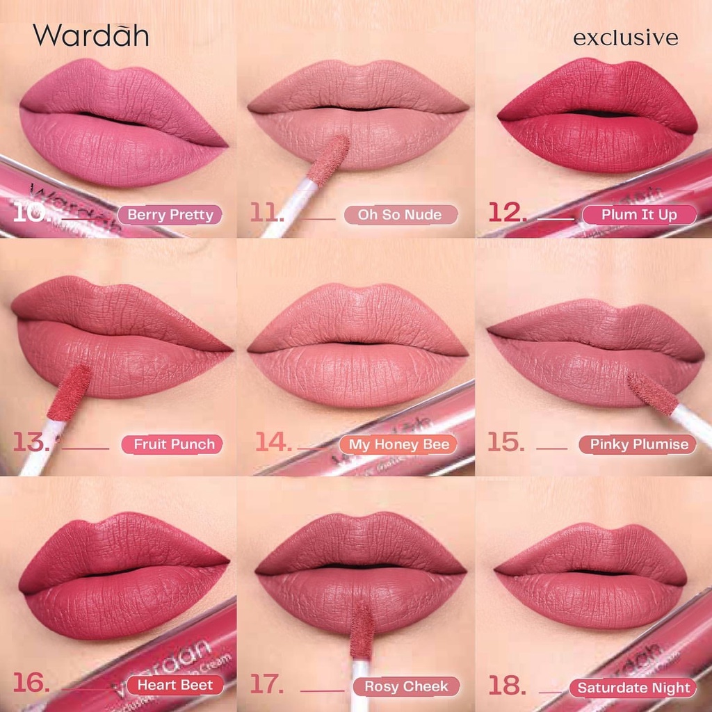 WARDAH Exclusive Matte Lip Cream Indonesia / 4g Velvet Matte With Color Binding Pigmenta &amp; Enriched Vitamin E / Soft Matte Intense Luxurious Finish Warna Intense Tahan Lama Krim Moist Plus / Cosmetic Lips Makeup Make Up Series / Lipstick Lipstik Bibir