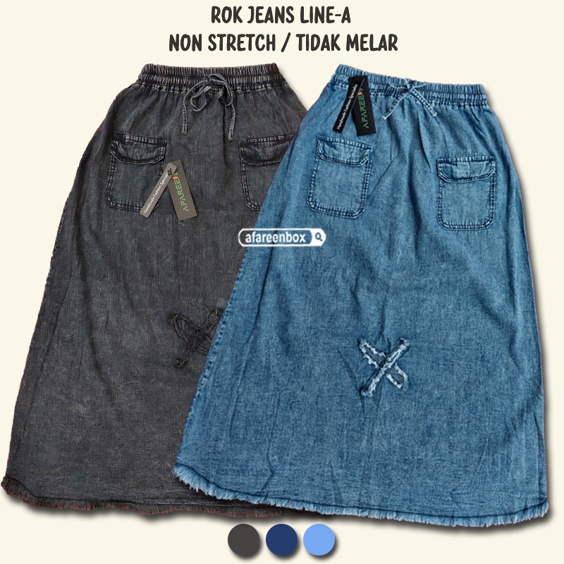 AFAREEN - Rok Jeans Panjang Wanita Line A Umbrella Mayung Span Denim Rok Jeans Motif Polos Pinggang Karet Kolor
