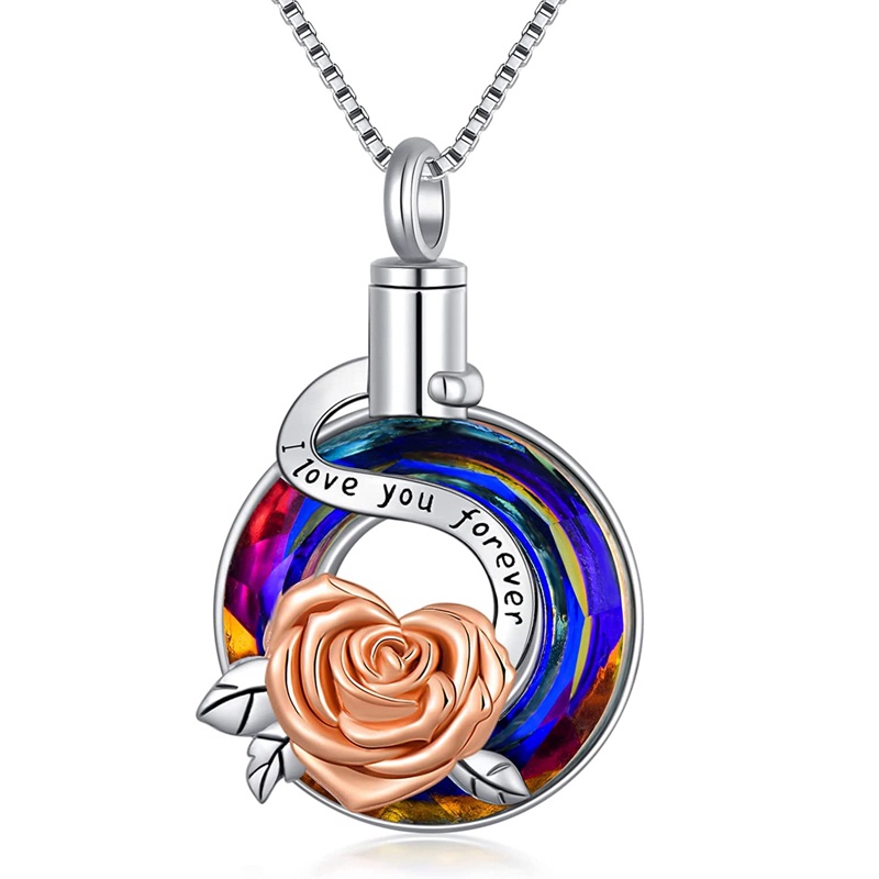 Kalung Guci Bunga Mawar Sterling Silver Untuk Abu Kristal Rose Cremation Perhiasan Wanita Perempuan