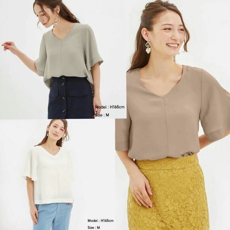 Uniqlo flare sleeve vneck blouse- Blouse Atasan wanita Branded