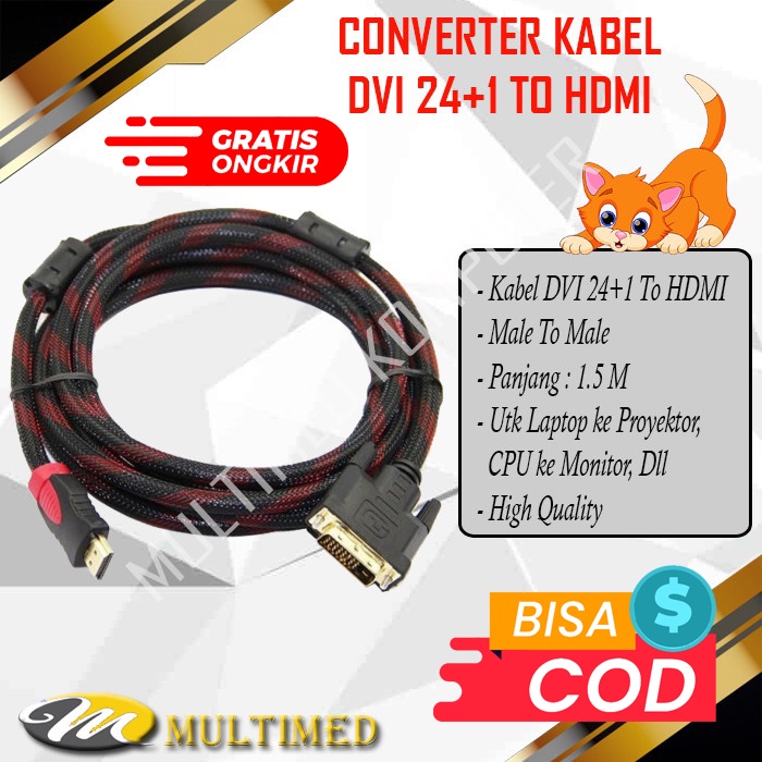 Kabel DVI 24+1Pin To HDMI 1,5 Meter Jaring