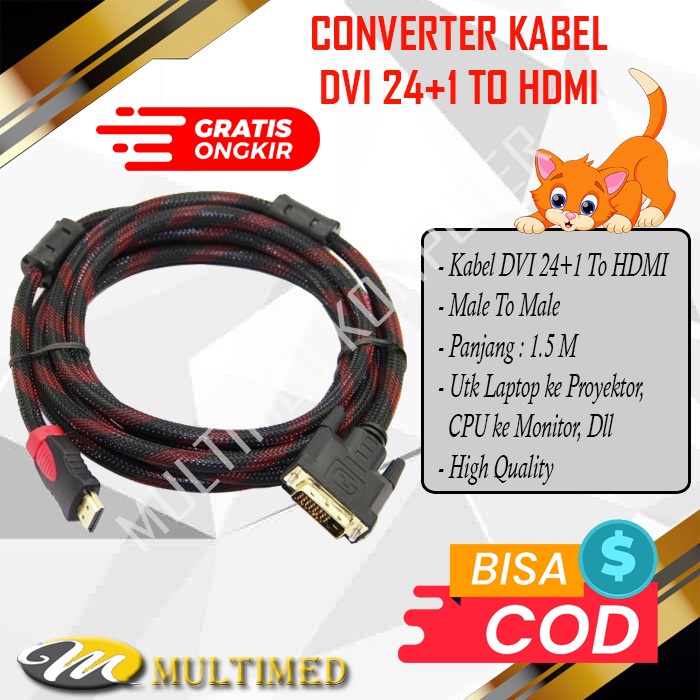 Kabel DVI 24+1Pin To HDMI 1,5 Meter Jaring