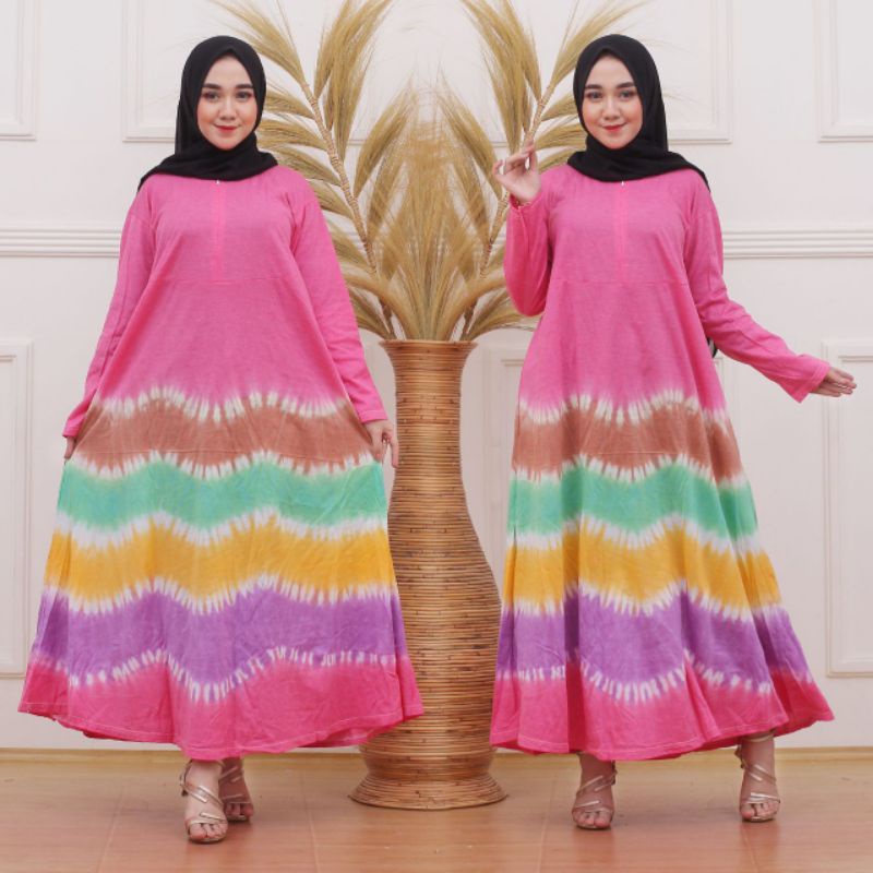 Daster Kaos Jumbo Kekinian Tiedye Lengan Panjang Homedress Wanita Terbaru