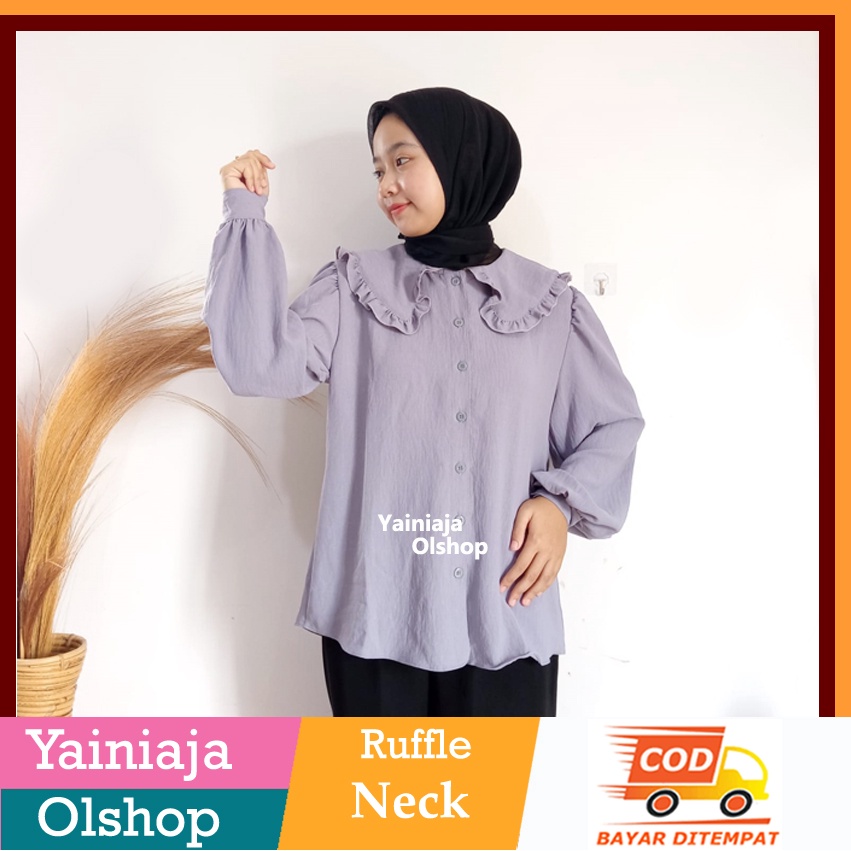 Kemeja Ruffle Neck Bahan Crinkle Airflow