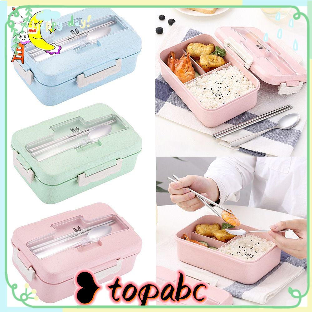 Top Lunch Box Microwavable Rectangle Grid Dengan Sendok Wadah Makanan