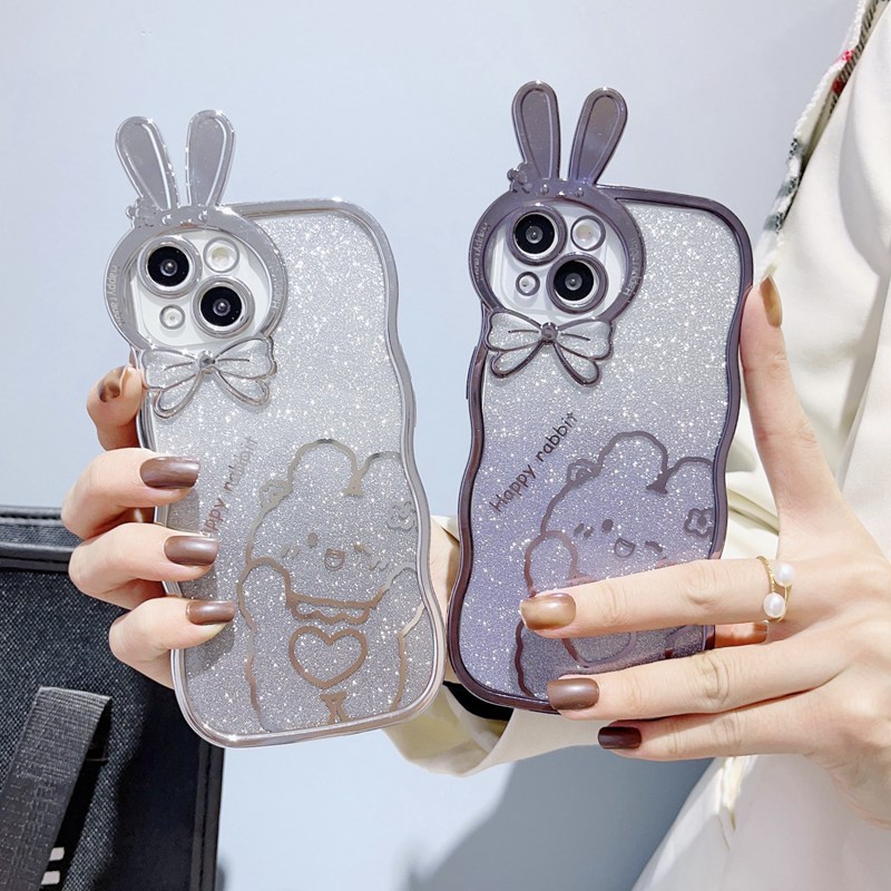 Cute Rabbit Glittering Big Wave Design Electroplating Soft Silicone Bunny Case hp for iPhone 14 Plus Casing IPhone 11 12 13 14 Pro Max Women's Girls Gifts Bumper Cover