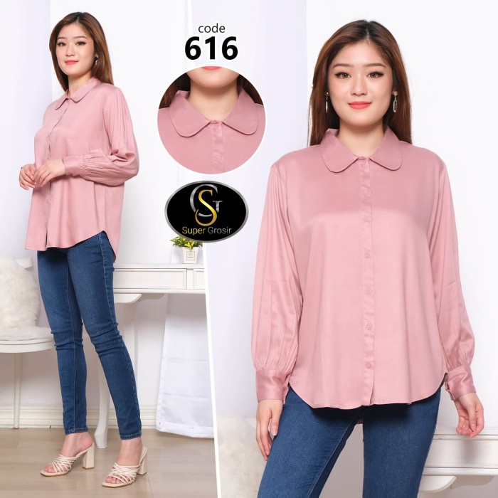 Terbaru Kemeja Wanita / Kemeja Casual Kerah Bulat Katun Twill 30S - 616