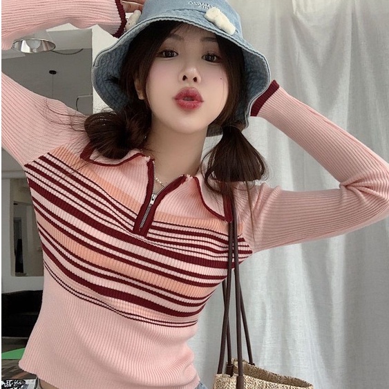 Kaos Wanita Rajut Premium Lengan Panjang Polo Neck Stripe Shirt