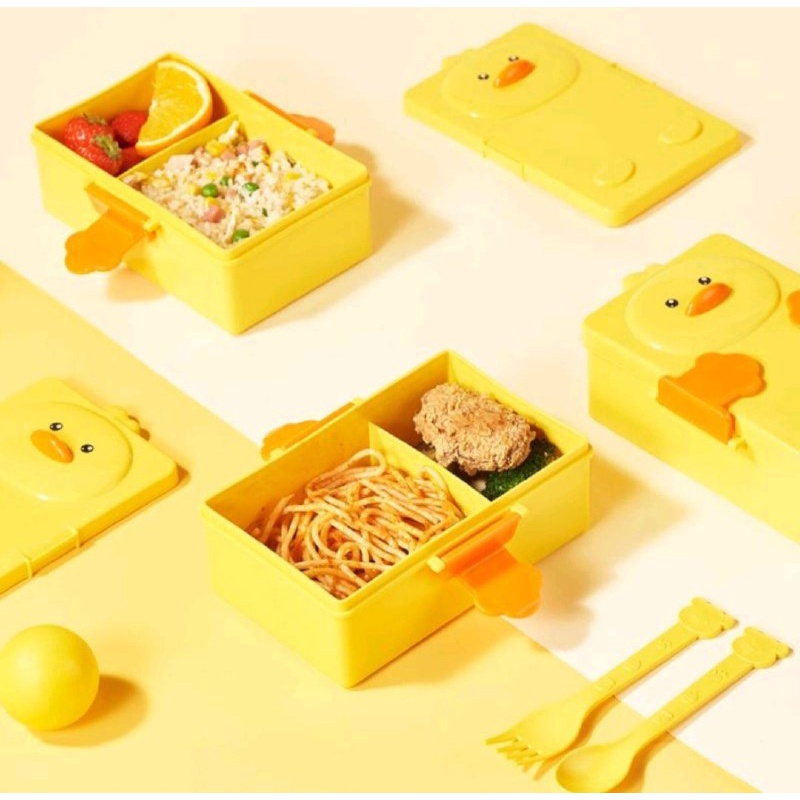 KOTAK BEKAL MAKAN ANAK - LUNCH BOX ANAK 2 SEKAT MOTIF BEBEK KUNING