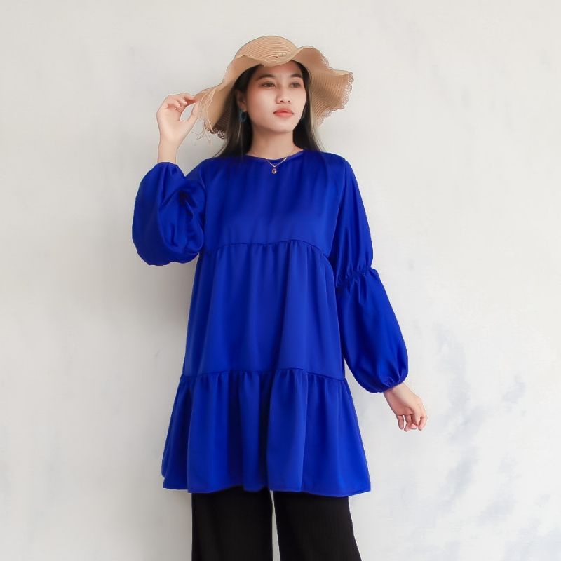 tunik/blouse/atasan wanita biru elektrik fushia fern green lime model ruffle tangan balon bahan silk