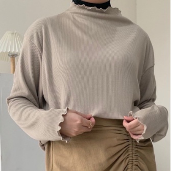 Premium Inner Rajut Ruffle Turtleneck Rib Lengan Panjang Wanita