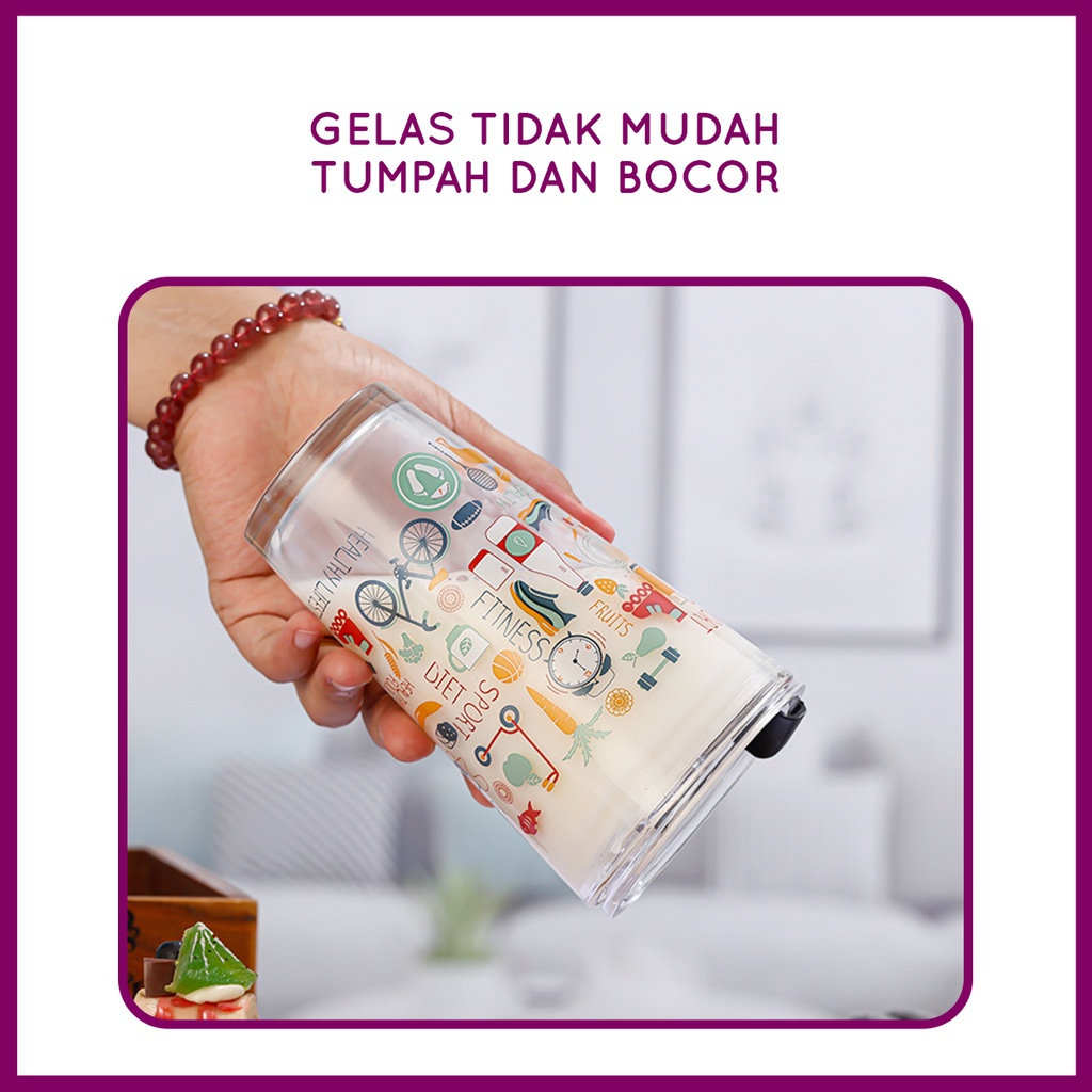 Gelas Tumblr Kaca Bening Gelas Mug Gelas Kaca dengan Tutup Anti Bocor 400ml Botol Minum Kaca Gratis Sedotan